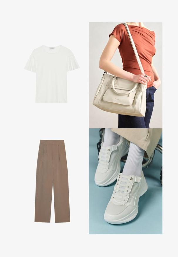 T-shirt branca com mangas curtas e franzidas. Feita de um tecido suave e liso. Apresenta um decote redondo e detalhes de costura discretos.; Calças castanhas plissadas com um design de perna larga, apresentando uma cintura plana e bolsos laterais, feitas de um tecido leve.; Tênis brancos com material em rede, sola de borracha, design sem atacadores com faixas elásticas e detalhes em tom dourado.; Bolsa de couro branca com alças duplas e uma alça destacável, apresentando um bolso frontal com fecho e textura suave. A bolsa está a ser carregada no braço de uma pessoa.