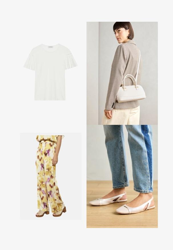 Bílá tričko s krátkými, volánkovými rukávy. Vyrobeno z jemné, hladké látky. Má kulatý výstřih a jemné švy.; Žluté a krémové široké kalhoty s abstraktním květinovým vzorem v purpurových a hnědých tónech. Měkká látka s hladkou texturou.; Světle růžové slingback baleríny s špičatou špičkou, vyrobené z hladkého koženému materiálu. Obsahují vystřihovací detaily po stranách a plochý podpatek.; Bílá strukturovaná kabelka s krátkými uchy a ramenním popruhem, zdobená zlatými kovovými prvky a texturovaným materiálem, vystavená na šedém pozadí.