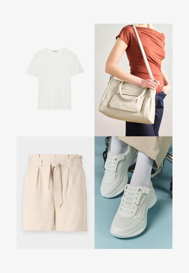 Bela majica s kratkimi, nabrano zasnovanimi rokavi. Narejena iz mehkega, gladkega blaga. Ima okrogel izrez in subtilne šive.; Bež hlače na kratko, krojene iz lahkega materiala, z pasom na nastavitev, podrobnostmi v obliki naborkov in ravnim krojem.; Bele teniske z mrežastim materialom, gumene podplate, brez vezalk, z elastikami in zlatimi akcenti.; Bela usnjena torba z dvema ročkama in odstranljivo naramnico, ki ima sprednji žep na zadrgo in gladko teksturo. Nositi jo na osebi na roki.