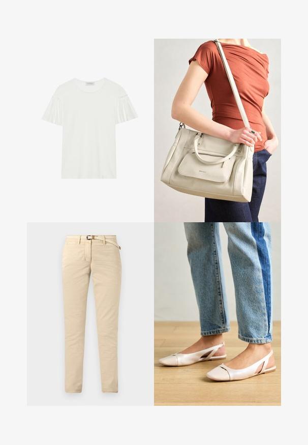 Valkoinen T-paita, jossa on lyhyet, röyhelömäiset hihat. Valmistettu pehmeästä, sileästä kankaasta. Ominaisuuksiin kuuluu pyöreä kaula-aukko ja hienovaraiset ompeluyksityiskohdat.; Beige chinot valmistettu puuvillasta, jossa on sileä pinta, ja jota koristaa kudottu vyö sekä tavalliset taskut. Slim fit -malliset, suorilla lahkeilla.; Vaaleanpunaiset slingback-ballerinat, joissa on terävä kärki, valmistettu sileästä nahkamaisesta materiaalista. Sivujen leikkuuyksityiskohdat ja tasapohja.; Valkoinen nahkainen käsilaukku, jossa on kaksinkertaiset kahvat ja irrotettava hihna. Edessä on vetoketjullinen tasku ja pinta on sileä. Laukkua kantaa henkilö kyynärvarressaan.