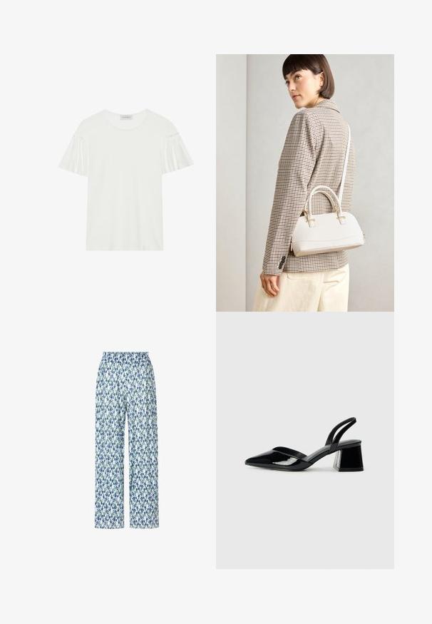 Bela majica s kratkimi, nabrano zasnovanimi rokavi. Narejena iz mehkega, gladkega blaga. Ima okrogel izrez in subtilne šive.; Hlače z cvetličnim vzorcem, ki imajo modro in zeleno barvo na belem ozadju, širokega kroja in elastičen pas.; Črne lakirane slingback pete s koničastim nosom in geometrijsko blokasto peto. Imajo eleganten, minimalističen dizajn in gladko teksturo.; Bela strukturirana torba z kratkimi ročaji in naramnim trakom, z zlatimi okrasnimi elementi in teksturiranim materialom, prikazana na sivi podlagi.