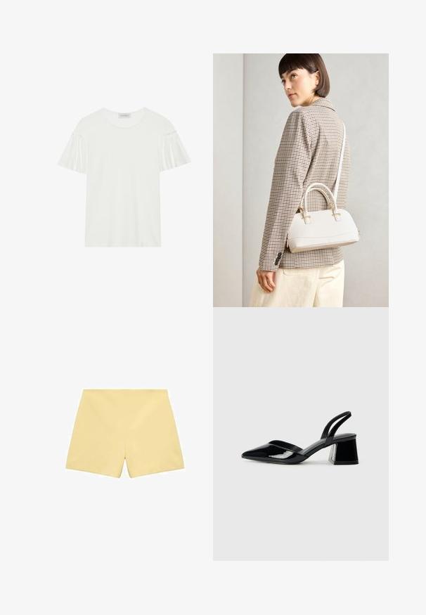 T-shirt bianco con maniche corte e arricciate. Realizzato in tessuto morbido e liscio. Presenta un collo rotondo e dettagli di cucitura sottili.; Mango Shorts - light yellow; Décolleté in vernice nera con punta affusolata e tacco in geometria cubica. Presentano un design elegante e minimalista, con una texture liscia.; Borsa a mano bianca strutturata con manici corti e tracolla, dotata di dettagli in metallo dorato e materiale testurizzato, esposta su uno sfondo grigio.