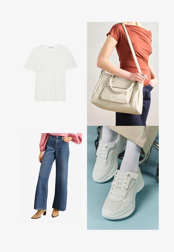 Camiseta blanca con mangas cortas y acampanadas. Fabricada con una tela suave y lisa. Presenta un escote redondo y detalles de costura sutiles.; Jeans anchos de mezclilla en azul, con una cintura alta, bolsillos frontales y un diseño clásico de cinco bolsillos. Textura suave con un acabado oscuro.; Zapatillas blancas con material de malla, suela de goma, diseño sin cordones con bandas elásticas y detalles en tono dorado.; Bolso de mano de cuero blanco con asas dobles y correa desmontable, con un bolsillo delantero con cremallera y textura suave. Sosteniéndolo en el brazo de una persona.