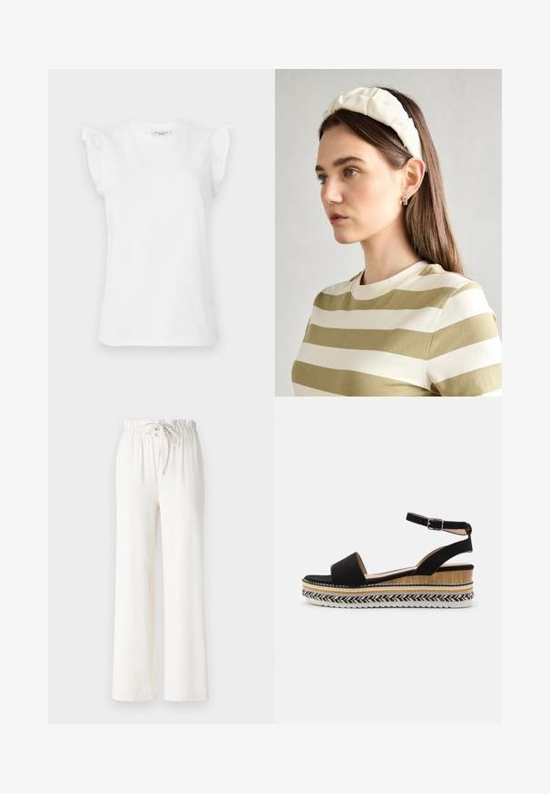 Bílá tričko s krátkým rukávem z bavlny s volánovými detaily na ramenech a kulatým výstřihem. Hladká textura a klasický střih.; Bílé kalhoty s širokými nohavicemi vyrobené z měkké tkaniny, s elastickým pasem na šňůrku a hladkým povrchem. Žádné vzory ani dekorace nejsou viditelné.; Černé semišové sandály s širokým páskem, přezkou kolem kotníku a vrstvenou wedge podrážkou, která má přírodní textury a opletený vzor.; Krémová polstrovaná čelenka s twist designem, doplněná béžovým a bílým pruhovaným tričkem s kulatým výstřihem. Jemné šperky.