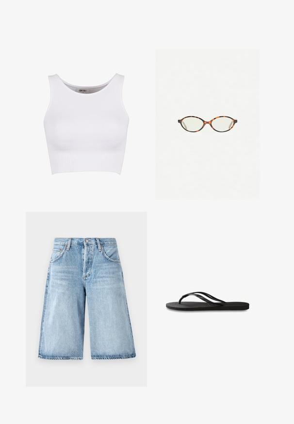 Bílý pruhovaný cropped top s kulatým výstřihem a širokými ramínky. Má pružnou texturu, navrženou pro pohodlí a volnost pohybu.; Světle modré džíny šortky s volným střihem, vysokým pasem, pěti kapsami a jemným vyblednutím látky.; Černé žabky s texturovanou gumovou podrážkou, dvěma štíhlými popruhy a jemným, embosovaným logem na popruhu.; Želvovinové brýle s oválnými čočkami a hladkým, jemným povrchem. Má tenké bočnice s jemným zakřivením v chrámcích. Čiré čočky.