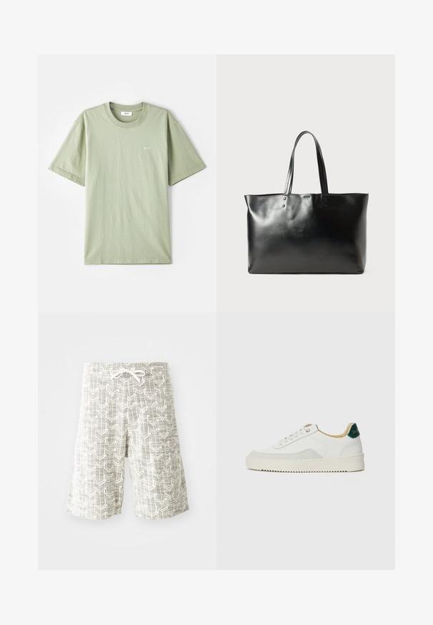 Vaaleanvihreä puuvillapaita lyhyillä hihoilla, pyöreällä kaula-aukolla ja pienellä valkoisella logolla rinnassa. Pehmeä rakenne, rento istuvuus ja minimaalinen muotoilu.; Keve shorts di made of woven fabric, yenye muundo wa jiometri wa kijivu na mweupe, ukanda wa elastiki na mfumo wa kuweza kubana, na mvuto wa huru.; Valkoiset tennarit, joissa on nahkaosia, pyöreä kärki, tasaiset nauhat ja kermaisa kumi-pohja. Takana vihreä brändäys.; Musta sileä nahkainen käsilaukku, jossa on kaksi olkahihnaa, suorakulmainen muoto ja hienovarainen ommelkoristelu valkoisella taustalla.