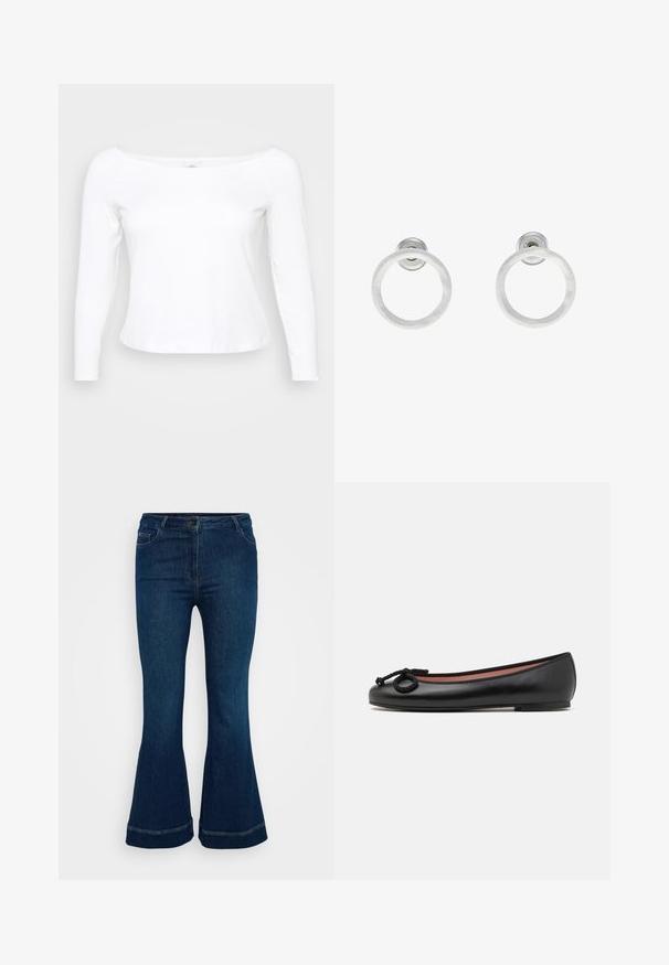 Biela dlhá blúzka s voľným výstrihom, vyrobená z mäkkého a hladkého materiálu. Má priliehajúci strih a skrátený lem.; Tmavomodré rozšírené džínsy vyrobené z denimu, s piatimi vreckami, zapínaním na gombík a kontrastným prešívaním na leme.; Čierne kožené balerínky s okrúhlou špičkou, majú dekoratívnu mašľu a hladký povrch. Minimalistický dizajn s nízkou, plochou podrážkou.; Strieborné kovové náušnice vo forme kruhov s brúsenou textúrou, so zaobleným dizajnom a priehľadným zarážkou pre bezpečné nosenie.
