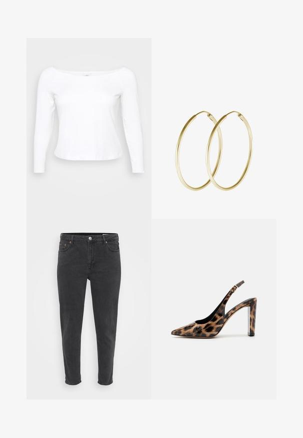 Camisa blanca de manga larga con un escote amplio, hecha de un material suave y liso. Presenta un diseño ajustado y un dobladillo corto.; Jeans de mezclilla negros ajustados con botón frontal y cremallera, pasadores de cinturón y cinco bolsillos, mostrados sobre un fondo claro y liso.; Zapato de salón con estampado de leopardo y tacón de bloque transparente. Fabricado con material brillante y textura suave.; Pendientes de aro de oro con un diseño suave y redondeado y un acabado brillante. Construcción ligera con un cierre de broche seguro.
