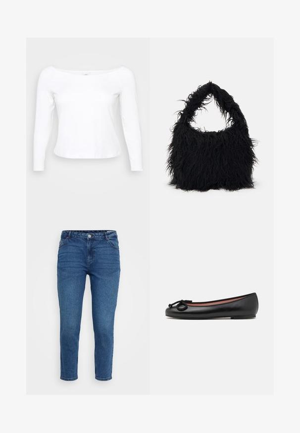 Hvit langermet skjorte med vid halslinning, laget av mykt og glatt materiale. Har en tettsittende design og en cropped kant.; Blå denimjeans med mid-rise midje, fem-lomme design og rett ben-kutt. Har søm og metall hardware detaljer.; Sorte lær ballet flats med rund tå, har en dekorativ sløyfe og glatt tekstur. Minimalistisk design med lav, flat såle.; Even&Odd Shoppingveske - black