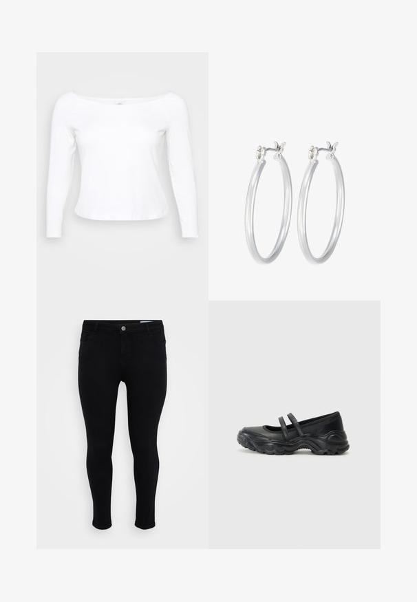 White long-sleeve shirt with a wide neckline, made of soft, smooth material. Features a fitted design and a cropped hem.; Black slim-fit pants with button and zipper closure, front and back pockets, and belt loops on a plain white background.; Black leather mary jane flats featuring two adjustable straps, a rounded toe, and a textured rubber sole for added grip.; Silver hoop earrings with a smooth, polished finish. Round shape and secure click-top closure. Lightweight design suitable for everyday wear.