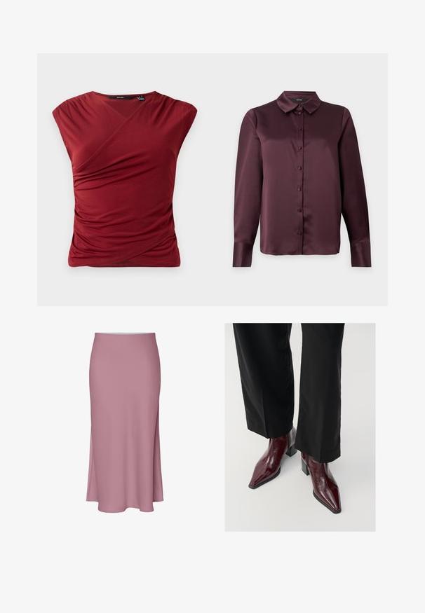 Piros, rövidujjú felső, átkötős kialakítással, oldalán ráncos textúrával és sima, puha anyagú felülettel.; Burgundi selyem gombos blúz klasszikus gallérral, hosszú ujjakkal és sima textúrával. Elöl gombolós pánttal rendelkezik, az azonos színű gombokkal.; Rózsaszín, térdig érő szoknya, letisztult dizájnnal, oldalt hasítékkal és sima textúrával. Puha, könnyű anyagból készült.; Burgundy lakkbőr bokacsizma hegyes orral, vastag sarokkal és texturált felülettel, fekete, széles szárú nadrággal párosítva.
