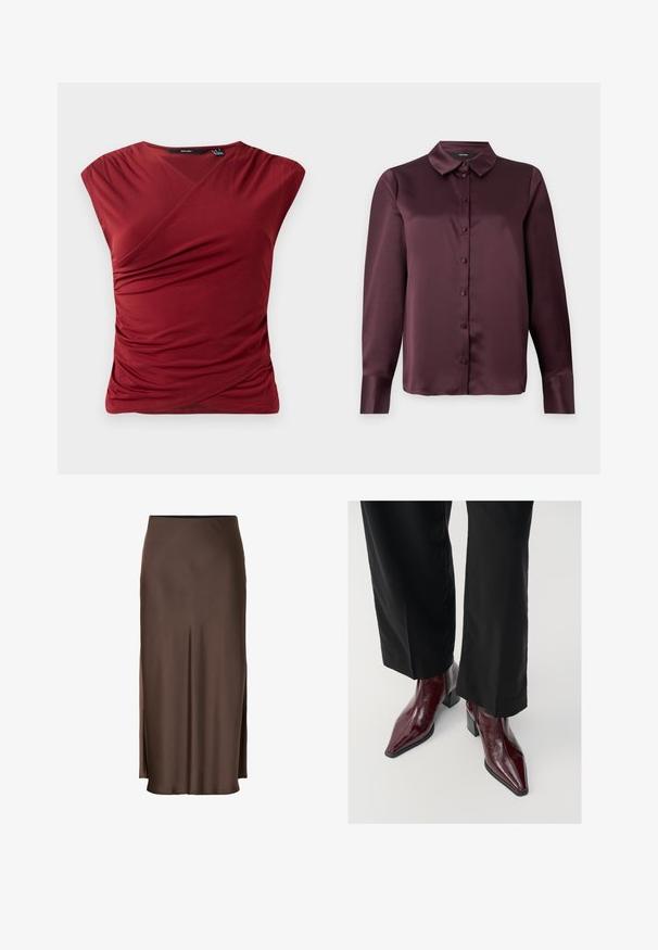 Piros, rövidujjú felső, átkötős kialakítással, oldalán ráncos textúrával és sima, puha anyagú felülettel.; Burgundi selyem gombos blúz klasszikus gallérral, hosszú ujjakkal és sima textúrával. Elöl gombolós pánttal rendelkezik, az azonos színű gombokkal.; Barna selyemszoknya egyenes vonalvezetéssel, oldalhasítékokkal a szabad mozgás érdekében, sima textúrával az anyag teljes felületén.; Burgundy lakkbőr bokacsizma hegyes orral, vastag sarokkal és texturált felülettel, fekete, széles szárú nadrággal párosítva.