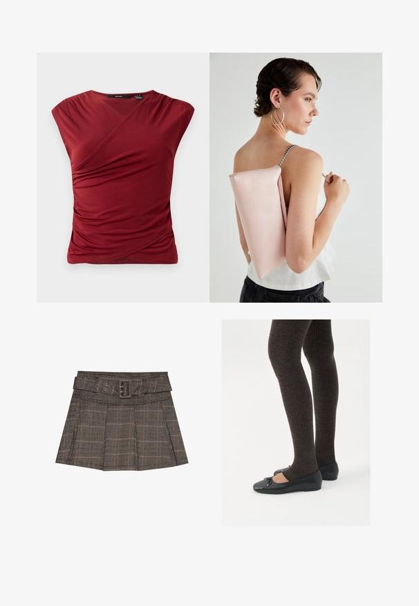 Haut rouge à manches courtes avec un design croisé, présentant une texture froncée sur le côté et une finition en tissu lisse et doux.; Jupe mini à carreaux en noir, brun et beige. Comprend une taille ceinturée, des plis et un tissu texturé avec un motif géométrique.; Chaussures plates noires avec un petit nœud au niveau des orteils, associées à des collants côtelés marron foncé. Les chaussures ont une texture lisse et un profil bas.; Sac à main en cuir rose de forme rectangulaire, avec une bandoulière en chaîne argentée et une texture lisse, porté sur le dos. Design simple sans motifs visibles.