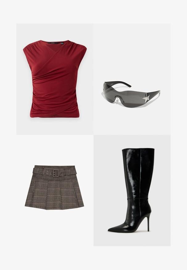 Rode korte mouwen top met een wikkelontwerp, voorzien van geplooide textuur aan de zijkant en een gladde, zachte stofafwerking.; Geruite mini-jurk in zwart, bruin en beige. Voorzien van een riem in de taille, plooien en een textuurstof met een geometrisch patroon.; Zwarte leren kniehoge laarzen met een spitse neus en hoge stiletto hak. Soepele textuur en strak ontwerp, met minimale detailing.; Zwarte zonnebril met een wrap-around ontwerp, donkergetinte glazen, glanzende stervormige accenten en verstelbare neussteunen.