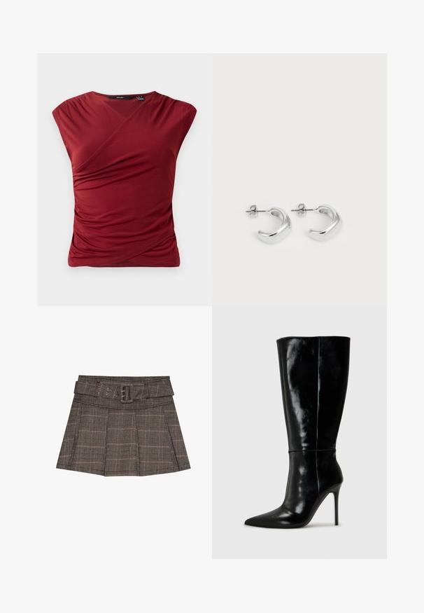 Top corto rojo de mangas cortas con diseño envolvente, que presenta una textura fruncida en el lateral y un acabado de tela suave y lisa.; Falda mini de cuadros en negro, marrón y beige. Presenta una cintura con cinturón, pliegues y una tela texturizada con un patrón geométrico.; Botas de cuero negro hasta la rodilla con punta afilada y tacón alto de aguja. Textura suave y diseño elegante, con detalles mínimos.; Pendientes de aro de plata con un acabado suave y pulido. Forma redonda con un diseño ligeramente curvado y bordes suaves. Cierre de pin.