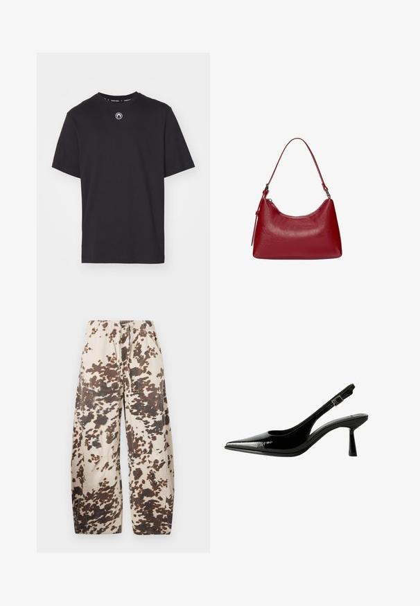 Czarna bawełniana koszulka z okrągłym dekoltem, krótkimi rękawami i małym okrągłym logo na środku. Gładka tekstura, prosta konstrukcja.; Beżowe szerokie spodnie z mieszanki bawełny z brązowym wzorem plam. Posiadają elastyczny pas i dwie boczne kieszenie.; Czarne lakierowane pantofle na obcasie typu slingback z ostrym noskiem, wyciętymi bokami, regulowanym paskiem na kostce i cienkim, smukłym obcasem.; Czerwona skórzana torebka na ramię o zakrzywionym kształcie, gładkiej fakturze i zamek błyskawiczny. Posiada cienką rączkę do noszenia.
