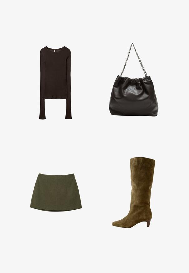 Langærmet, tætsiddende top lavet af mørkebrun stof. Rund halsudskæring, glat tekstur og let forlængede ærmer uden manchetter.; Olivenfarvet kordfløjl mini nederdel med en lige silhuet og en glat tekstur, prydet med vandrette ribber for ekstra detalje.; Next FOREVER COMFORT KNEE HIGH HEELED - Høje støvler/ Støvler - olive; Brun lædertaske med en rynket top og en kædestrop. Glat tekstur med en blank finish og subtile sømdetaljer på siderne.