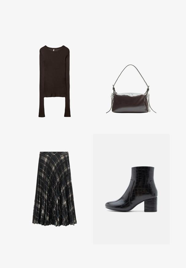 Dlhý rukáv, priliehavý top vyrobený z tmavohnedého materiálu. Okrúhly výstrih, hladká textura a mierne predĺžené rukávy bez manžiet.; Čierna plisovaná midi sukňa s kockovaným vzorom v odtieňoch sivej a béžovej, s priliehavým pásom a jemnou textúrou.; Čierna členková obuv z lesklej kože s reliéfom krokodílej kože. Má zaoblenú špičku a robustný blokový opätok. Hladká textúra a elegantný dizajn.; Hnedá lakovaná kožená kabelka so štruktúrovaným obdĺžnikovým tvarom, s jedným uchom a strieborným reťazovým akcentom na jednej strane.
