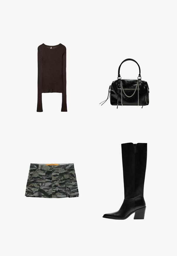 Maglietta aderente a maniche lunghe realizzata in tessuto marrone scuro. Collo rotondo, superficie liscia e maniche leggermente allungate senza polsini.; Pantaloni corti con motivo camouflage in tonalità di grigio e verde, con chiusura a bottone, tasche laterali e una patch con il marchio sulla coscia.; Stivali neri al ginocchio in pelle liscia, con punta appuntita, tacco a blocco e un'apertura a forma di V nella parte superiore.; Bershka WITH CHAIN - Borsa a mano - black