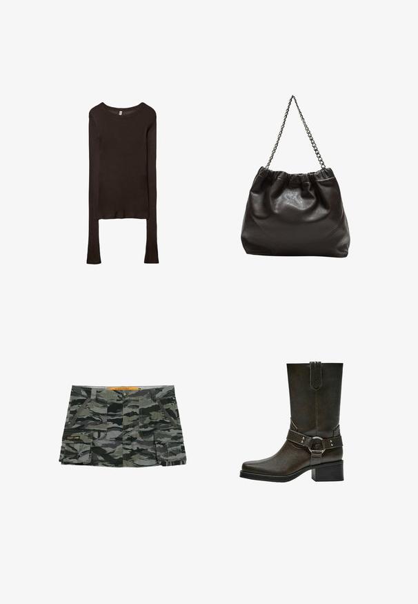 Langärmliges, tailliertes Oberteil aus dunkelbraunem Stoff. Runder Ausschnitt, glatte Textur und leicht verlängerte Ärmel ohne Bündchen.; Tarnmuster-Shorts in Grautönen und Grün mit Knopfverschluss, Seitentaschen und einem Markenpatch am Oberschenkel.; Braune Leder-Ankle-Boots mit quadratischer Zehenform, kurzem Blockabsatz und dekorativem Riemen mit silberner Schnalle. Glatte Textur, schlichtes Design.; Braune Lederhandtasche mit gerafftem Oberteil und Kettenriemen. Glatte Textur mit glänzendem Finish und subtilen Nahtdetails an den Seiten.