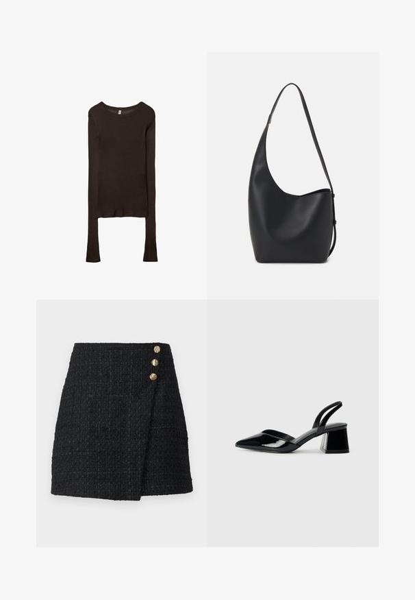 Långärmad, figurnära topp i mörkbrunt tyg. Rund halsringning, slät yta och något förlängda ärmar utan manschetter.; Svart tweed mini kjol med en texturerad väv, med en inslagningdesign och tre knappar i guldton framtill för stängning.; Svarta lackläder slingback klackar med spetsig tå och geometrisk klack. Har en elegant, minimalistisk design och slät yta.; Svart läder hobo-väska med en slät textur, kurvig form och en justerbar axelrem; har en bred öppning upptill.