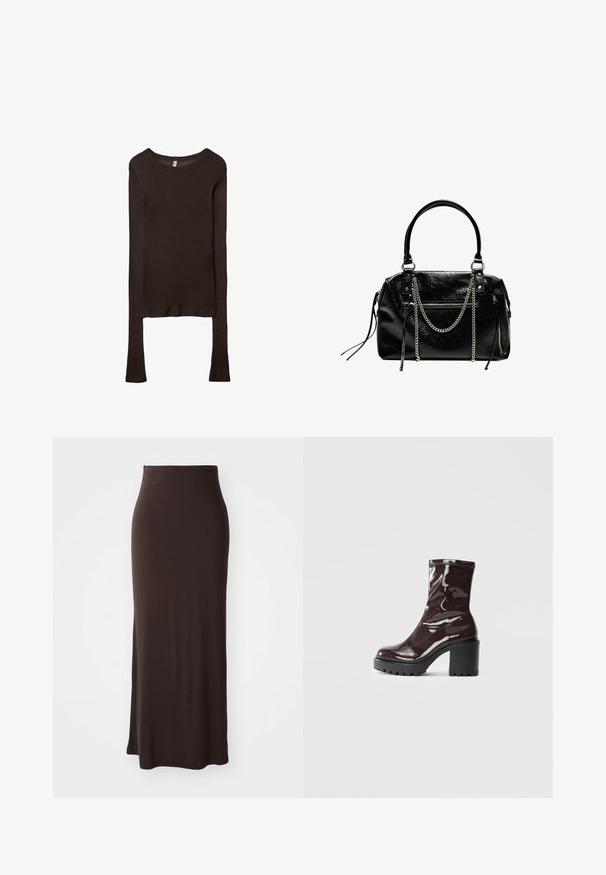 Maglietta aderente a maniche lunghe realizzata in tessuto marrone scuro. Collo rotondo, superficie liscia e maniche leggermente allungate senza polsini.; Gonna lunga aderente di colore marrone, realizzata in un tessuto morbido e elasticizzato, con vita alta e uno spacco laterale, che offre una silhouette elegante.; Stivale alla caviglia bordeaux lucido con un tacco spesso nero, caratterizzato da una superficie liscia e un design semplice. Nessuna chiusura visibile o motivo.; Bershka WITH CHAIN - Borsa a mano - black