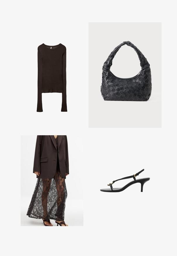 Długi rękaw, dopasowany top wykonany z ciemnobrązowego materiału. Okrągły dekolt, gładka tekstura i nieco wydłużone rękawy bez mankietów.; Przyduży brązowy żakiet na przejrzystej czarnej koronkowej spódnicy z kwiatowymi wzorami, w zestawie z czarnymi sandałami na obcasie.; Czarne skórzane sandały na koturnie z cienkimi paskami, złotą klamrą i minimalistycznym pętelką na palce na białym tle.; Czarna skórzana torebka na ramię pleciona, z okrągłym uchwytem i kształtem półksiężyca na jednolitym tle.
