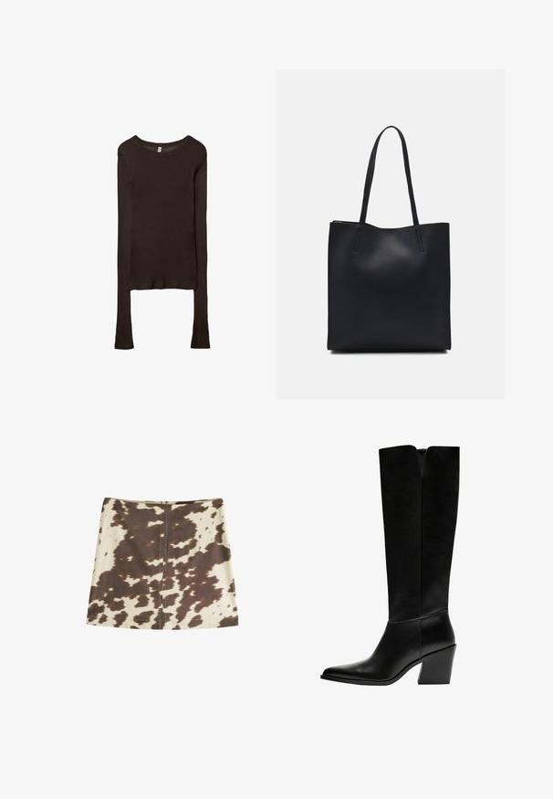 Maglietta aderente a maniche lunghe realizzata in tessuto marrone scuro. Collo rotondo, superficie liscia e maniche leggermente allungate senza polsini.; Mini gonna a stampa mucca in beige e marrone. Presenta una cerniera invisibile sul retro, una texture di tessuto liscia e un taglio dritto a forma di A.; Stivali neri al ginocchio in pelle liscia, con punta appuntita, tacco a blocco e un'apertura a forma di V nella parte superiore.; Borsa tote in pelle nera con texture liscia, forma rettangolare e due manici lunghi. Nessun hardware o decorazione visibile.