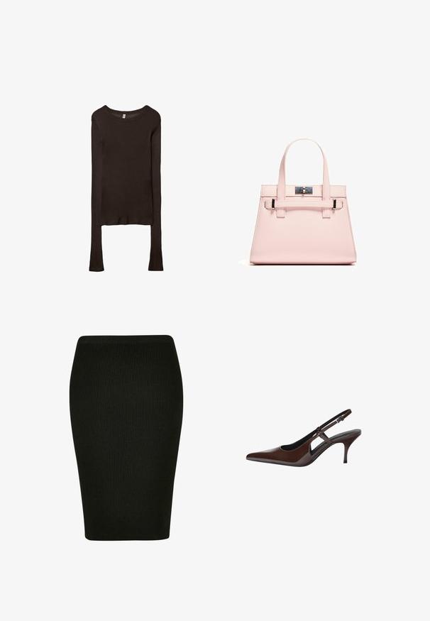 Dlouhý rukáv, přiléhavý top vyrobený z tmavě hnědé látky. Kulatý výstřih, hladká textura a mírně prodloužené rukávy bez manžet.; Černá skládaná tužková sukně s přiléhavým střihem. Má vysoký pas a texturovanou látku, která poskytuje hladkou siluetu.; Hnědé lakované kožené lodičky na podpatku s špičatou špicí, otevřenými výřezy a tenkým podpatkem. Disponují nastavitelným páskem se sponou.; Růžová strukturovaná kabelka vyrobená z texturované kůže, s dvěma horními držadly, uzávěrem na klips a kontrastními kovovými detaily.