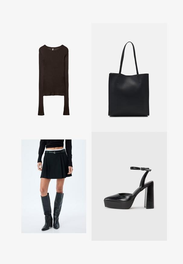 Langsleeve, getailleerd shirt van donkerbruine stof. Ronde halslijn, gladde textuur en iets verlengde mouwen zonder manchetten.; Zwarte geplooide rok met een getailleerde taille en riemlussen, gedragen met kniehoge zwart leren laarzen met een blokhak.; Zwarte plateauhakken met een puntige neus en verstelbare enkelband. Gemaakt van soepel leer, met een robuuste blokhak.; Zwarte leren handtas met een gladde textuur, rechthoekige vorm en twee lange handvaten. Geen zichtbare hardware of versieringen.