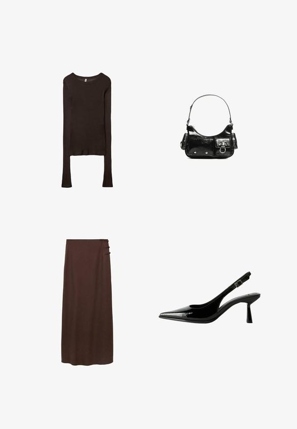 Haut ajusté à manches longues en tissu marron foncé. Encolure ronde, texture lisse et manches légèrement allongées sans poignets.; Jupe marron, longueur sol, en matériau doux. Présente trois boutons décoratifs sur le côté près de la taille. Design simple et sans embellissements.; Racine à talon en cuir verni noir avec un nez pointu, des côtés découpés, une bride de cheville ajustable et un talon fin et élégant.; Sac à main en cuir verni noir avec une forme incurvée, une bandoulière, des poches avant et des accents en métal argenté.