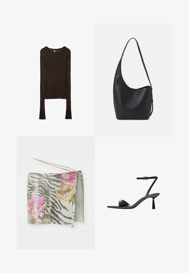 Langärmliges, tailliertes Oberteil aus dunkelbraunem Stoff. Runder Ausschnitt, glatte Textur und leicht verlängerte Ärmel ohne Bündchen.; Zebra-muster Clutch mit metallic Netz, versehen mit rosa und orangefarbenen floralen Akzenten. Inklusive silberner Kettenriemen und Quasten-Detail.; Bershka High Heel Sandalette - black; Schwarze Leder-Hobo-Tasche mit einer glatten Textur, geschwungener Form und einem einzelnen verstellbaren Tragegurt; verfügt über eine weite Öffnung am oberen Ende.