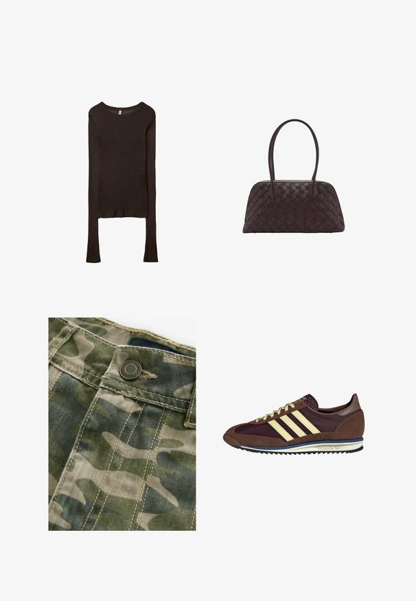 Långärmad, figurnära topp i mörkbrunt tyg. Rund halsringning, slät yta och något förlängda ärmar utan manschetter.; Kamouflage-mönstrad tyg i nyanser av grönt och beiget med synliga sömmar. Har en metallknapp i midjan och denimliknande textur.; Bruna och burgundy sneakers i mocka och mesh-material, med tre krämfärgade ränder, textil på tungan och en gummisula.; Vävd brun läderhandväska med rundad form, dubbla handtag på toppen och slät textur; har subtil sömnad för designdetaljer.