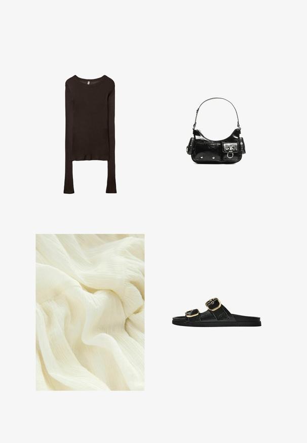 Langsleeve, getailleerd shirt van donkerbruine stof. Ronde halslijn, gladde textuur en iets verlengde mouwen zonder manchetten.; Gekreukeld wit stof met een zachte, transparante textuur. Het materiaal heeft een lichtgewicht, vloeiende uitstraling met subtiele variaties in toon.; Zwarte slipper met twee gouden gesps, gladde textuur, platte zool en een minimalistisch ontwerp.; Zwarte laarzen in lakleer met een gebogen vorm, één schouderband, voorvakken en accenten in zilverkleurig metaal.