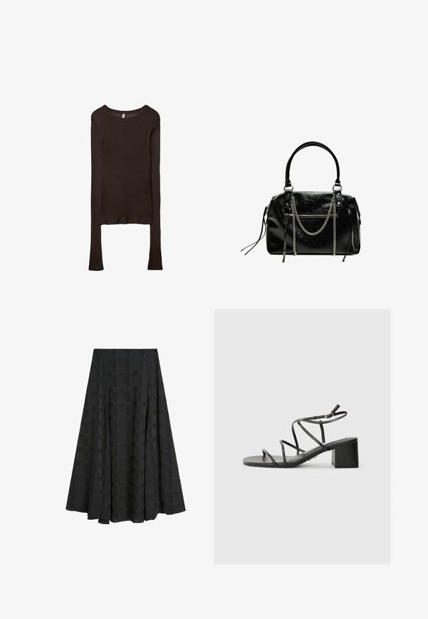 Långärmad, figurnära topp i mörkbrunt tyg. Rund halsringning, slät yta och något förlängda ärmar utan manschetter.; Svart plisserad kjol tillverkad av textil med struktur, med ett rutmönster. Designen är hel längd med en flödande siluett.; Svarta sandaletter med remmar och fyrkantig tå, samt en kraftig klack, tillverkade av ett slätt material. Har justerbara ankelremmar och minimalistisk hårdvara.; Bershka WITH CHAIN - Handväska - black