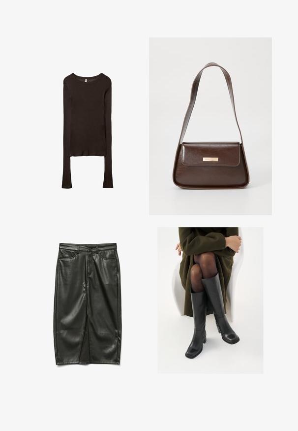 Dugi rukavi, uska majica izrađena od tamnosmeđeg materijala. Okrugli izrez, glatka tekstura i blago produženi rukavi bez manžeta.; Crna kožna suknja s prilagođenim dizajnom, prednjim džepovima i prednjim prorezom, koja prikazuje glatku teksturu i elegantan završetak.; Čizme od crne kože do koljena sa četvrtastim vrhom i blok petom, prikazane s manekenkom koja sjedi u maslinasto zelenom kaputu. Glatka tekstura, minimalni detalji.; Smeđa kožna torba za rame sa strukturiranim oblikom, koja ima magnetsko zatvaranje na preklopu i metalni logo akcent na prednjoj strani.