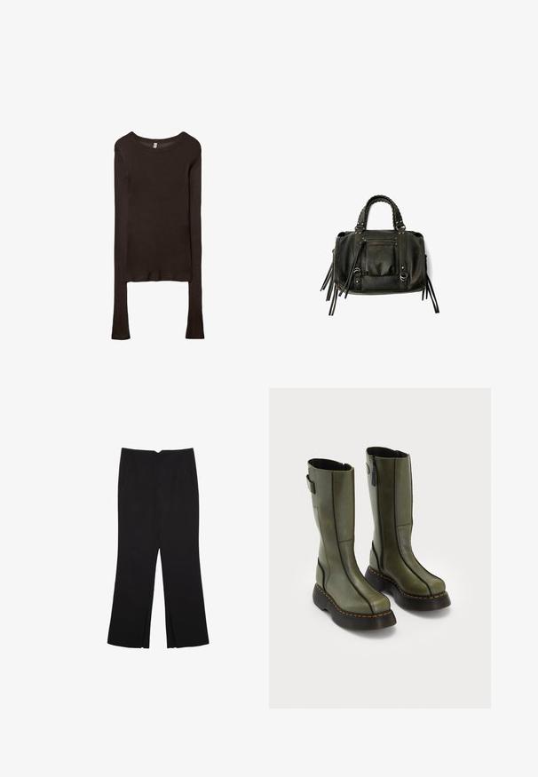 Haut ajusté à manches longues en tissu marron foncé. Encolure ronde, texture lisse et manches légèrement allongées sans poignets.; Pantalon noir avec une coupe droite, doté de poches avant et d'éclairs sur l'ourlet. Fabriqué en tissu doux et lisse. Convient à diverses occasions.; Une paire de bottes en cuir vert olive mi-mollet avec des semelles épaisses noires et des surpiqûres oranges, dotées de fermetures éclair sur le côté et d'un détail de sangle à l'arrière du dessus.; Sac à main en cuir noir avec des poignées tressées, une poche zippée et des glands suspendus. Surface texturée avec des clous en métal et des accents en métal.
