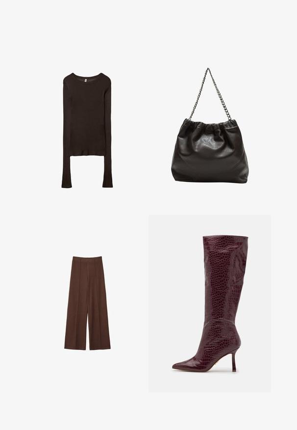 Dugi rukavi, uska majica izrađena od tamnosmeđeg materijala. Okrugli izrez, glatka tekstura i blago produženi rukavi bez manžeta.; Smeđe široke hlače izrađene od meke tkanine, s visokim strukom, vertikalnim šavovima i glatkom teksturom.; Steve Madden JAZZ UP - Čizme - wine; Smeđa kožna torba s naboranim vrhom i lančićem za nošenje. Glatka tekstura s sjajnim završetkom i suptilnim šavnim detaljima sa strane.