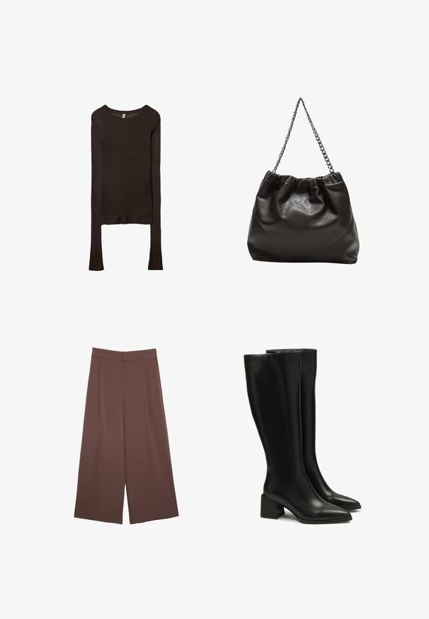 Pitkähiha, istuva paita tummanruskeasta kankaasta. Pyöreä pääntie, sileä pinta ja hieman pidennetyt hihat ilman hihansuita.; Ruskeat leveälahkeiset housut, joissa on sileä pinta, korkea vyötärö ja etupleat. Kangas on kevyttä ja laskeutuu väljänä.; Mustat polvipituiset nahkasaappaat teräväkärkisellä muodolla ja paksulla korkolla. Tasainen pinta, vähäiset saumat ja yksinkertainen vetoketjukiinnitys.; Ruskea nahkainen laukku, jossa on kerätty yläosa ja ketjuhihna. Tasainen pinta, jossa kiiltävä viimeistely ja hienovaraiset sauman yksityiskohdat sivuilla.