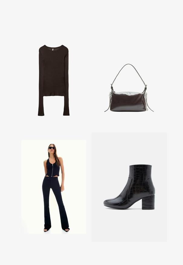 Dolga rukava, prilegajoča majica iz temno rjave tkanine. Okrogli izrez, gladka tekstura in nekoliko podaljšani rokavi brez manšet.; Črna skrajšana majica s sprednjim zadrgo, kombinirana z visokoraslimi črnimi hlačami s širokimi nogavicami. Model nosi temne sončne očala in sandale na visoko peto.; Črni gležnjar iz sijočega usnja z žigom krokodilje kože. Ima zaobljen prst in debel blok peto. Gladek teksture in eleganten dizajn.; Rjav lakirani usnjeni ročni torbici, ki ima strukturirano pravokotno obliko, eno ročico in srebrno verižico kot okras na eni strani.