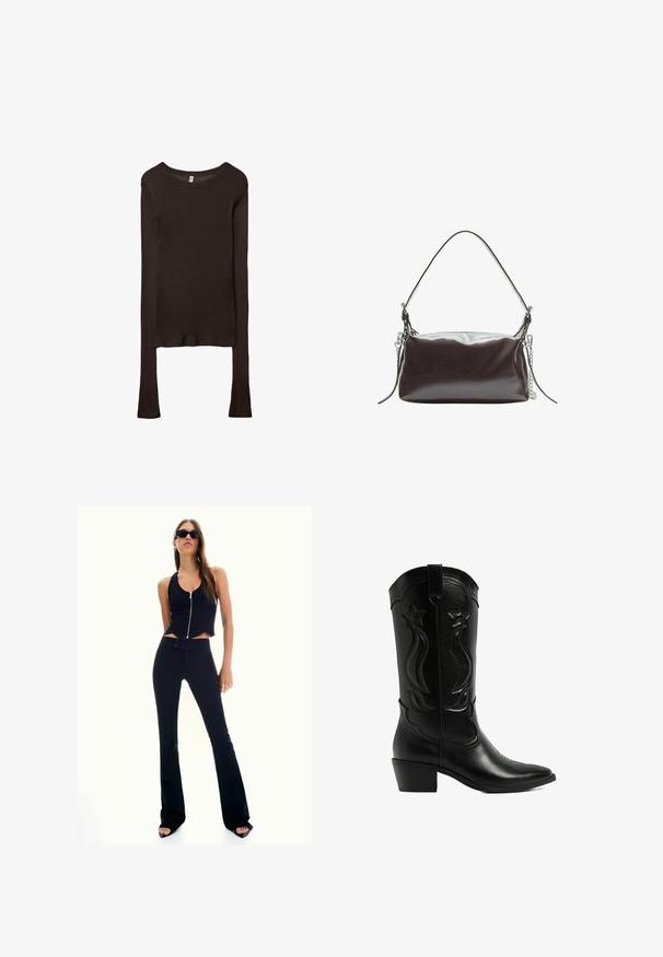 Dlhý rukáv, priliehavý top vyrobený z tmavohnedého materiálu. Okrúhly výstrih, hladká textura a mierne predĺžené rukávy bez manžiet.; Čierny skrátený top s predným zipsom, kombinovaný s čiernymi zvýšenými rozšírenými nohavicami. Modelka nosí tmavé slnečné okuliare a vysoké sandále.; Čierne kožené cowboyské čižmy s špicatou špičkou a zloženým podpätkom. Obsahujú dekoračné prešívanie a hviezdicové akcenty na holeni.; Hnedá lakovaná kožená kabelka so štruktúrovaným obdĺžnikovým tvarom, s jedným uchom a strieborným reťazovým akcentom na jednej strane.