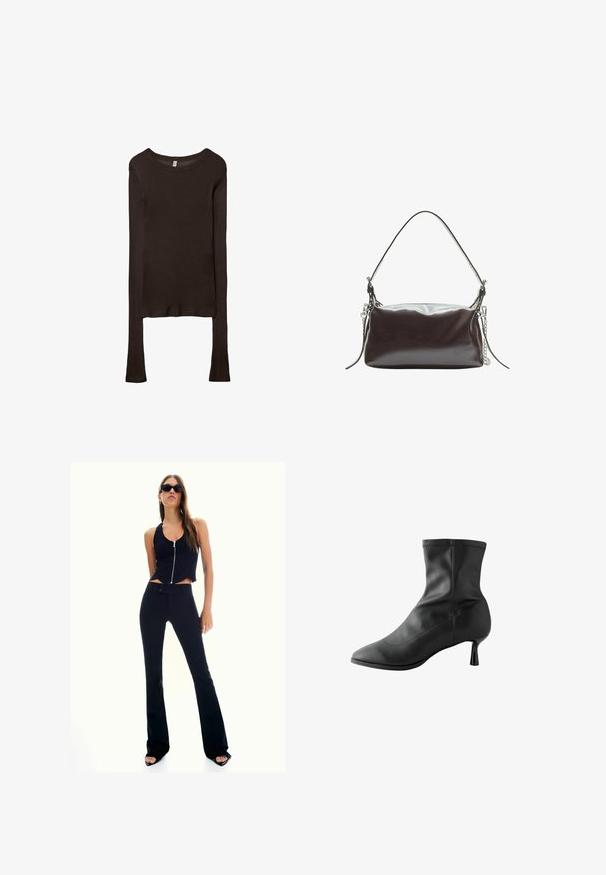 Dolga rukava, prilegajoča majica iz temno rjave tkanine. Okrogli izrez, gladka tekstura in nekoliko podaljšani rokavi brez manšet.; Črna skrajšana majica s sprednjim zadrgo, kombinirana z visokoraslimi črnimi hlačami s širokimi nogavicami. Model nosi temne sončne očala in sandale na visoko peto.; Črne gležnjarje iz gladke usnje, z ostrim nosom in ozkim, cilindričnim petam. Okrasni šivi vzdolž zgornjega roba.; Rjav lakirani usnjeni ročni torbici, ki ima strukturirano pravokotno obliko, eno ročico in srebrno verižico kot okras na eni strani.