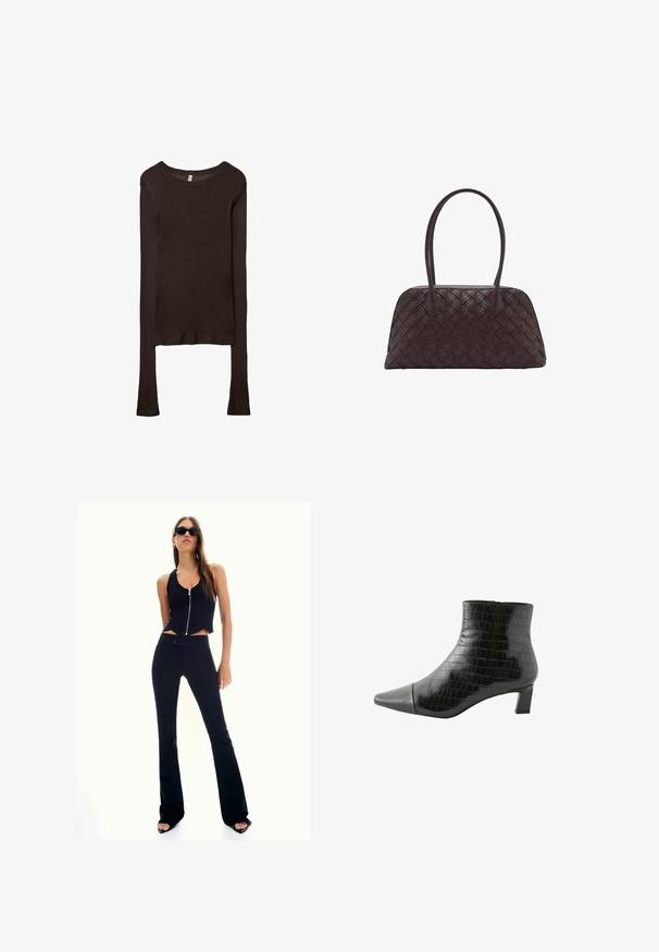 Haut ajusté à manches longues en tissu marron foncé. Encolure ronde, texture lisse et manches légèrement allongées sans poignets.; Top noir cropped avec fermeture éclair à l'avant, associé à un pantalon noir évasé taille haute. La mannequin porte des lunettes de soleil noires et des sandales à talons.; Bottines noires en matériau brillant à motif crocodile. Dotées d'un bout pointu et d'un talon carré de 3 pouces. Texture lisse, fermeture éclair.; Sac à main en cuir tissé marron avec une forme arrondie, deux poignées supérieures, et une texture lisse ; présente des coutures discrètes pour le détail du design.