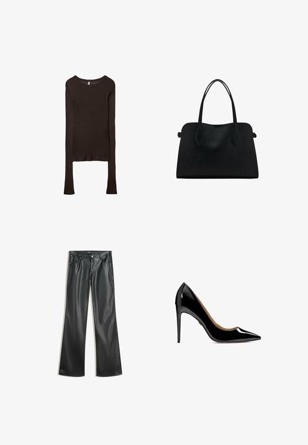 Dlouhý rukáv, přiléhavý top vyrobený z tmavě hnědé látky. Kulatý výstřih, hladká textura a mírně prodloužené rukávy bez manžet.; Černé kalhoty z umělé kůže s rozšířenými nohavicemi a hladkou texturou, pět kapsami, předním zipem a kontrastním prošíváním.; Černá lakovaná kožená lodička na vysokém podpatku, s špičatou špičkou, elegantní siluetou a štíhlým stiletto podpatkem, s hladkým, lesklým povrchem.; Černá kožená kabelka s dvojitými ramenními popruhy, obdélníkový tvar a minimalistický design na bílém pozadí.