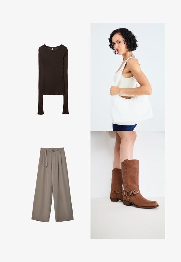 Dlouhý rukáv, přiléhavý top vyrobený z tmavě hnědé látky. Kulatý výstřih, hladká textura a mírně prodloužené rukávy bez manžet.; Kalhoty s širokými nohavicemi v měkké, tlumené šedé látce, s páskem v pase a sklady pro přidaný designový detail. Hladká textura, bez vzorů.; Hnědé kožené kotníkové boty s mírně špičatou špičkou, ozdobnými přezkami a nízkým zúženým podpatkem. Hladká textura s matným povrchem.; Bílá kabelka přes rameno vyrobená z hladkého materiálu, s oválným výřezem a širokým designem popruhu. Jednoduchá a moderní, bez viditelného hardwaru.