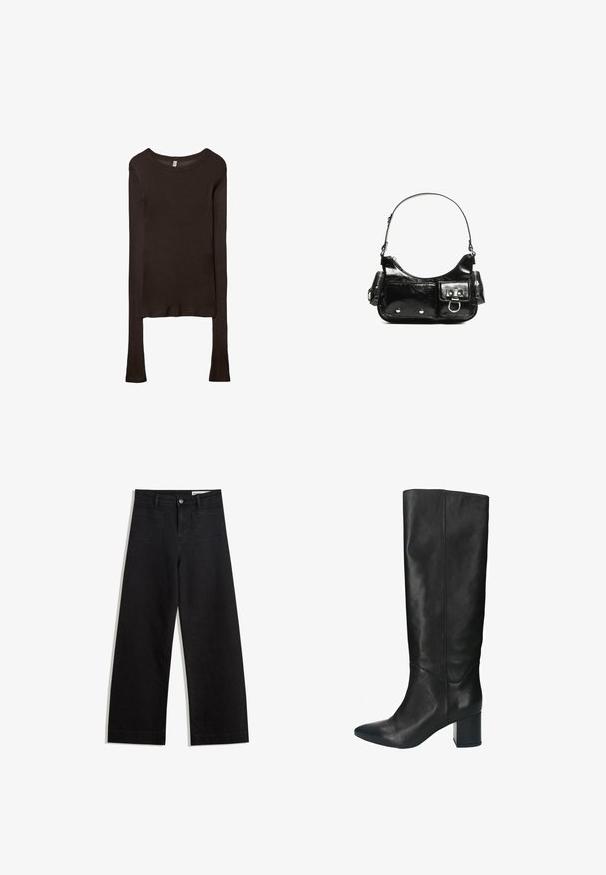 Long-sleeve, fitted top made of dark brown fabric. Round neckline, smooth texture, and slightly extended sleeves without cuffs.; Black wide-leg denim pants with a high waist, featuring front and back pockets, stitched seams, and a button closure. Smooth texture.; Black leather knee-high boot with a pointed toe, block heel, and smooth texture. Features a sleek silhouette and minimal stitching details.; Black patent leather handbag with a curved shape, one shoulder strap, front pockets, and silver-tone hardware accents.