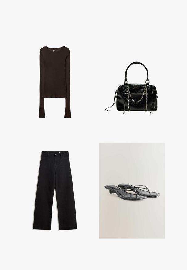 Maglietta aderente a maniche lunghe realizzata in tessuto marrone scuro. Collo rotondo, superficie liscia e maniche leggermente allungate senza polsini.; Pantaloni in denim neri a gamba larga con vita alta, dotati di tasche anteriori e posteriori, cuciture a punto, e chiusura con bottone. Texture liscia.; Sandali slingback neri in ecopelle con texture a coccodrillo, punta quadrata e tacco basso. Presentano sottili cinturini che collegano la suola.; Bershka WITH CHAIN - Borsa a mano - black