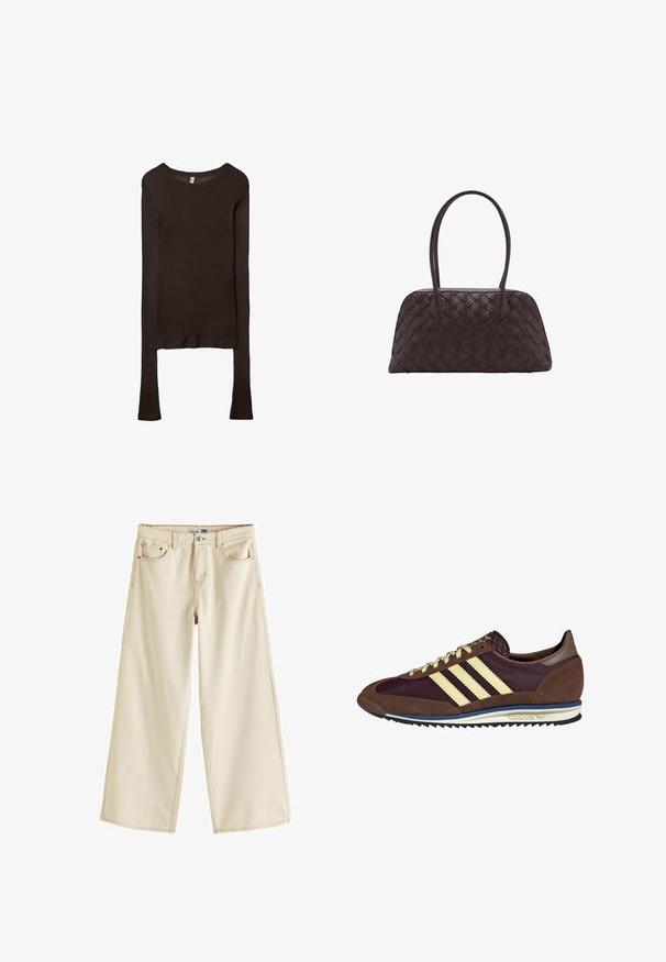 Pitkähiha, istuva paita tummanruskeasta kankaasta. Pyöreä pääntie, sileä pinta ja hieman pidennetyt hihat ilman hihansuita.; Next Flared-farkut - ecru; Ruskea ja burgundin värinen lenkkari, jossa on yksityiskohtina mokkaa ja verkkomateriaalia, kolmea kermaista raitaa, tekstuuripinta kielekkeessä ja kumipohja.; Kudotusta ruskeasta nahasta valmistettu käsilaukku, jossa on pyöreä muoto, kaksinkertaiset yläkahvat ja sileä pinta; sisältää hienovaraisia ompelukuvioita suunnittelun yksityiskohtana.