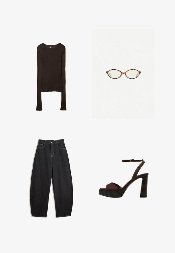 Dlouhý rukáv, přiléhavý top vyrobený z tmavě hnědé látky. Kulatý výstřih, hladká textura a mírně prodloužené rukávy bez manžet.; Černé denimové široké kalhoty s vysokým pasem, zdobené žlutým šitím, se dvěma předními kapsami a jedním zapínáním na knoflík.; Hnědé semišové sandály na vysokém podpatku s otevřenou špičkou, nastavitelným páskem kolem kotníku a proužkovou platformou.; Želvovinové brýle s oválnými čočkami a hladkým, jemným povrchem. Má tenké bočnice s jemným zakřivením v chrámcích. Čiré čočky.