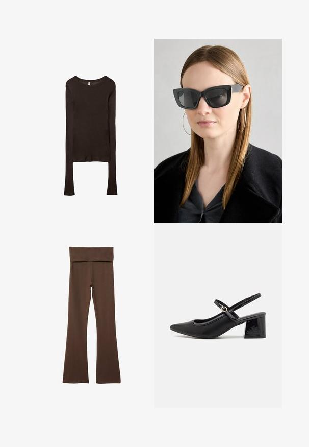 Langærmet, tætsiddende top lavet af mørkebrun stof. Rund halsudskæring, glat tekstur og let forlængede ærmer uden manchetter.; Brune flared leggings med en bred, blød talje. Lavet af strækbart materiale med en glat tekstur og uden synlige mønstre eller detaljer.; Sorte patentlæder slingback hæle med spids tå, rund udskæring og blokhæl. Har en guldtonet spændeaccents.; Sorte katteøje solbriller med mørke linser, tykke rammer og subtile detaljer. Båret med en sort frakke og en grå bluse, med langt, glat hår.